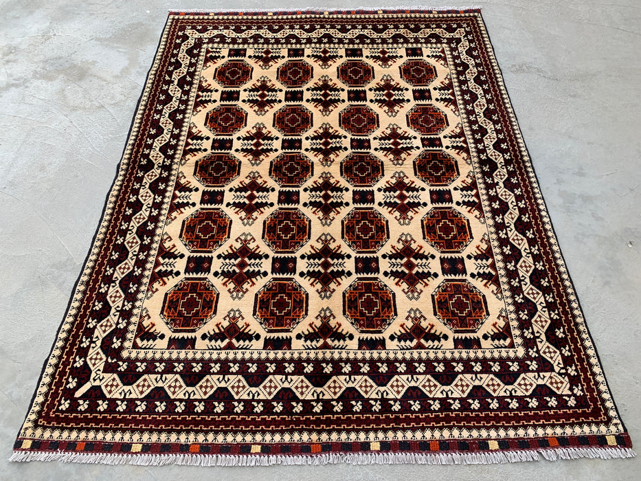 6'2 x 4'9 Handgeknoopt Peshawari Chobi wollen vloerkleed - Ivoor tribaal geometrisch karpet - KBHM-635