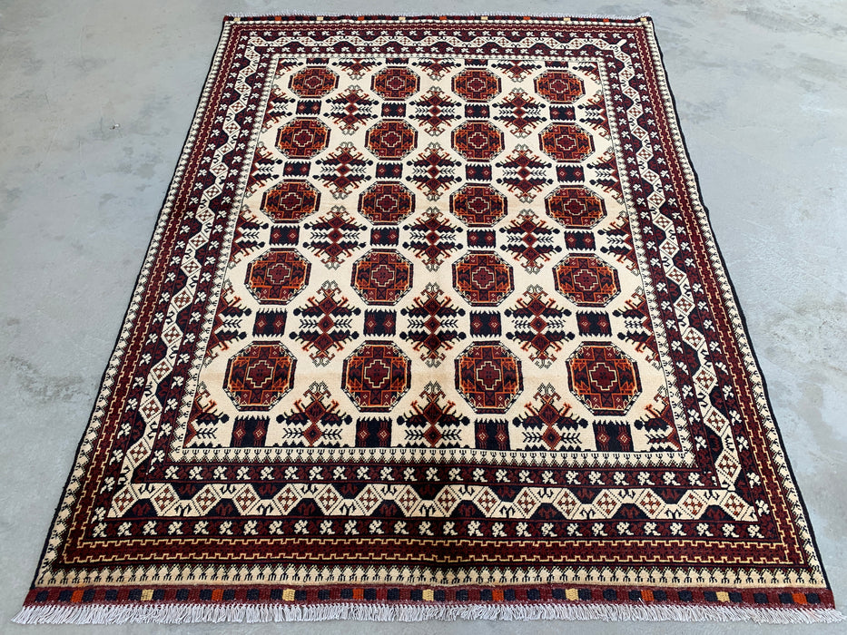 6'2 x 4'9 Handgeknoopt Peshawari Chobi wollen vloerkleed - Ivoor tribaal geometrisch karpet - KBHM-635