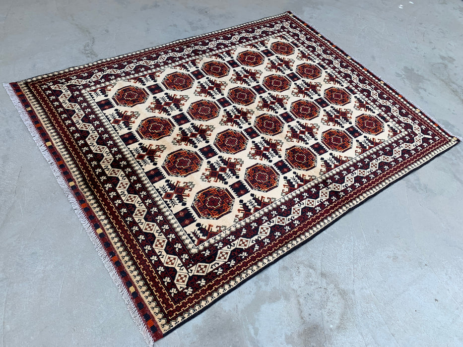 6'2 x 4'9 Handgeknoopt Peshawari Chobi wollen vloerkleed - Ivoor tribaal geometrisch karpet - KBHM-635