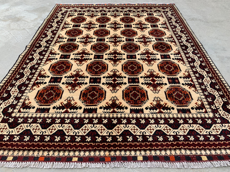 6'2 x 4'9 Handgeknoopt Peshawari Chobi wollen vloerkleed - Ivoor tribaal geometrisch karpet - KBHM-635