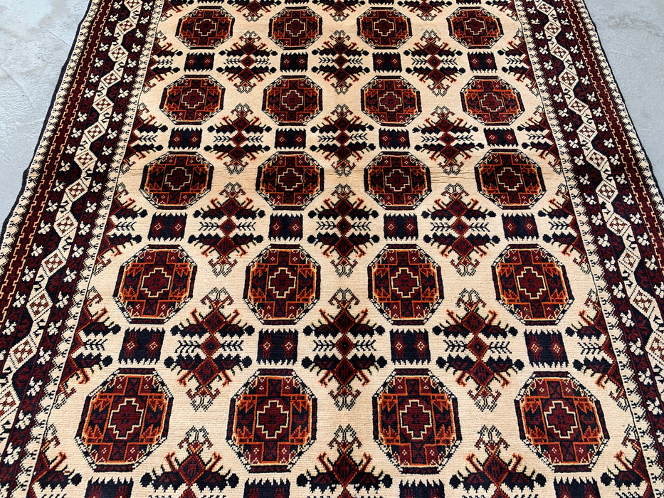 6'2 x 4'9 Handgeknoopt Peshawari Chobi wollen vloerkleed - Ivoor tribaal geometrisch karpet - KBHM-635