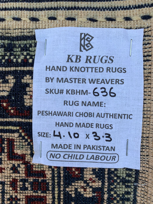 4'10 x 3'3 handgeknoopt Peshawari Chobi wollen tapijt - Ivoor kleurig tribaal geometrisch vloerkleed - KBHM-636