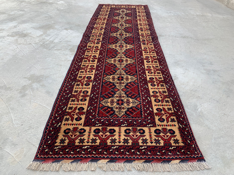 9'6 x 2'9 handgeknoopt Pesjwari Chobi wollen loper - Ivoor tribaal geometrisch gangkleed - KBHM-638