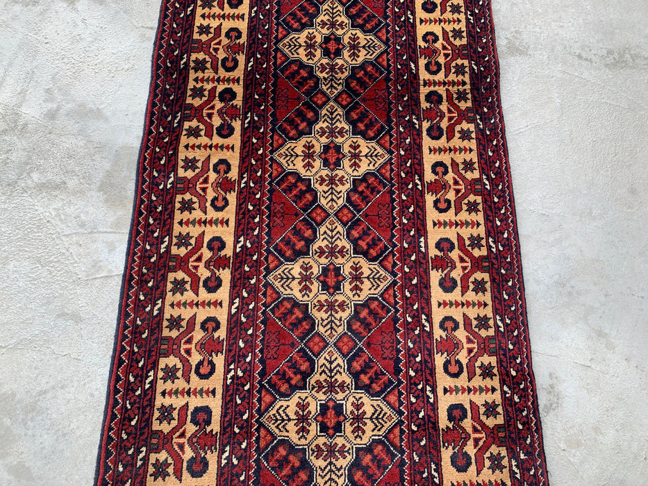 9'6 x 2'9 handgeknoopt Pesjwari Chobi wollen loper - Ivoor tribaal geometrisch gangkleed - KBHM-638