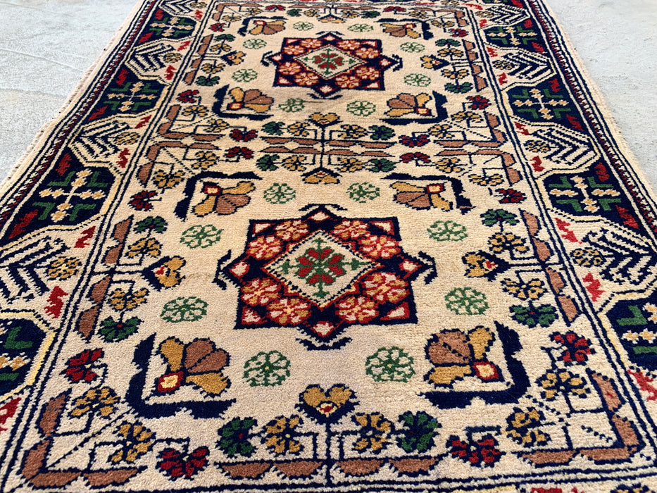 2'10 x 1'11 Handgeknoopt Peshawari Chobi wollen tapijt - Ivoorkleurig tribaal geometrisch accenttapijt - KBHM-639