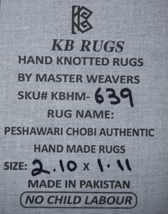 2'10 x 1'11 Handgeknoopt Peshawari Chobi wollen tapijt - Ivoorkleurig tribaal geometrisch accenttapijt - KBHM-639