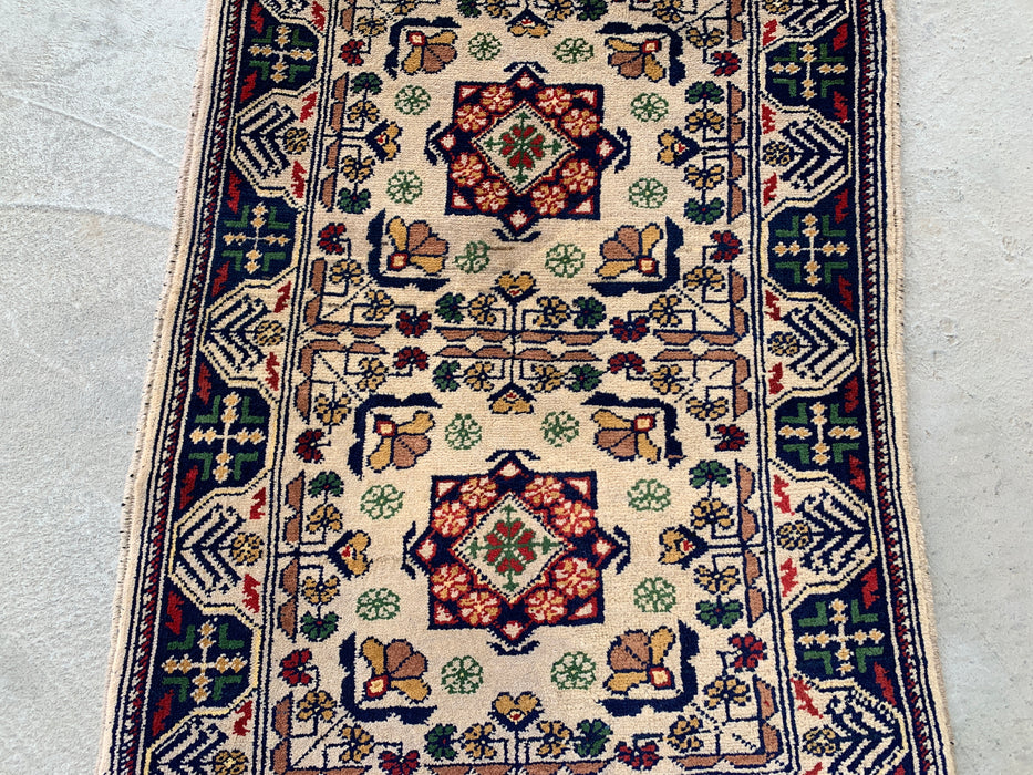 2'10 x 1'11 Handgeknoopt Peshawari Chobi wollen tapijt - Ivoorkleurig tribaal geometrisch accenttapijt - KBHM-639