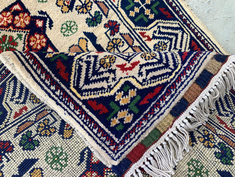 2'10 x 1'11 Handgeknoopt Peshawari Chobi wollen tapijt - Ivoorkleurig tribaal geometrisch accenttapijt - KBHM-639