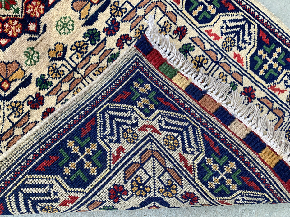 2'10 x 1'11 Handgeknoopt Peshawari Chobi wollen tapijt - Ivoorkleurig tribaal geometrisch accenttapijt - KBHM-639