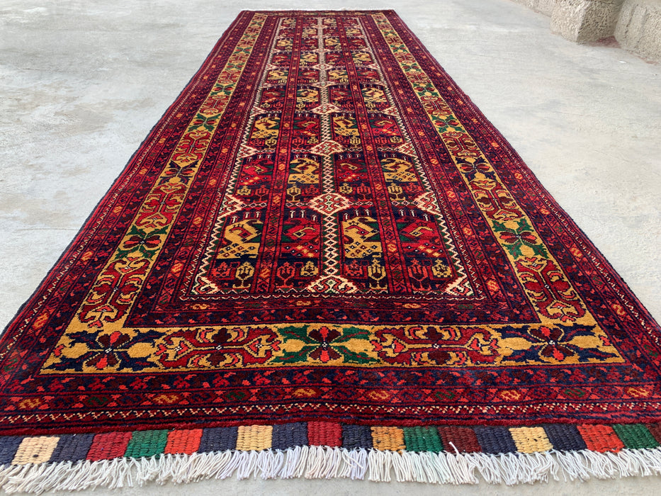 9'5 x 2'11 handgeknoopt Peshawari Chobi wollen loper - Rood tribaal geometrisch tapijt voor in de gang - KBHM-640