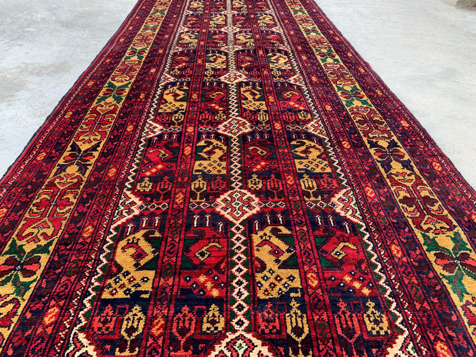 9'5 x 2'11 handgeknoopt Peshawari Chobi wollen loper - Rood tribaal geometrisch tapijt voor in de gang - KBHM-640