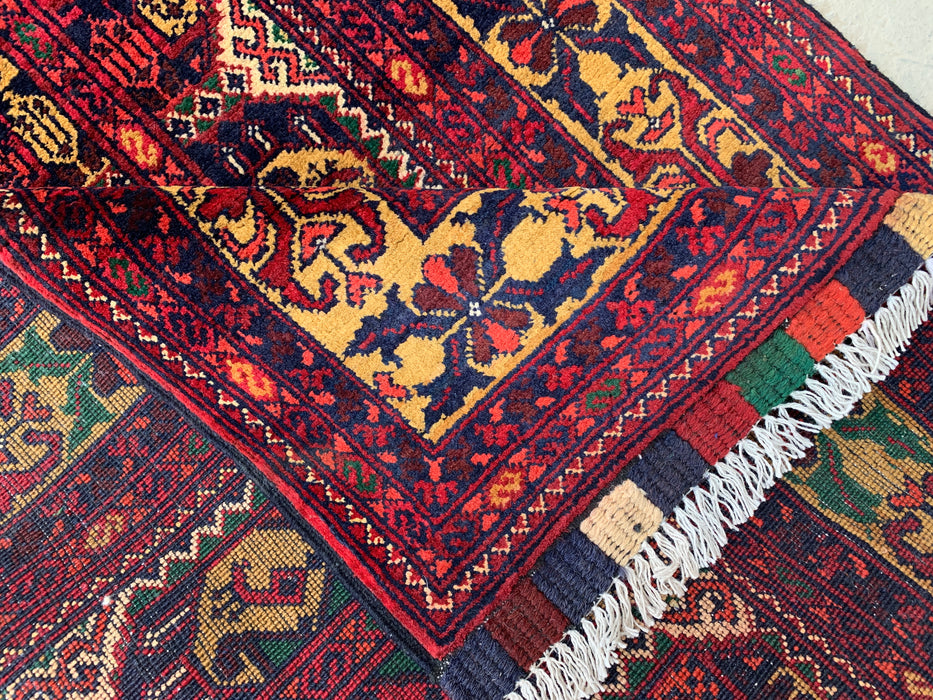9'5 x 2'11 handgeknoopt Peshawari Chobi wollen loper - Rood tribaal geometrisch tapijt voor in de gang - KBHM-640