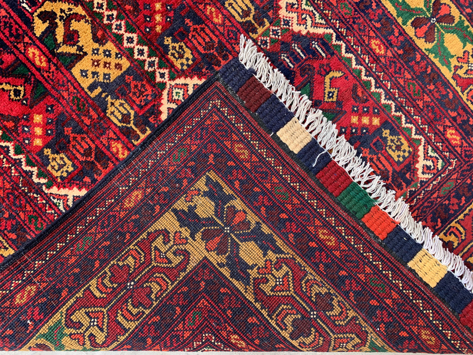 9'5 x 2'11 handgeknoopt Peshawari Chobi wollen loper - Rood tribaal geometrisch tapijt voor in de gang - KBHM-640