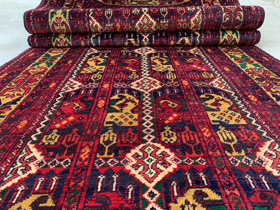 9'5 x 2'11 handgeknoopt Peshawari Chobi wollen loper - Rood tribaal geometrisch tapijt voor in de gang - KBHM-640