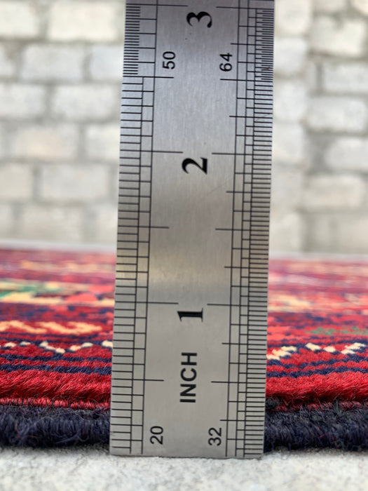 9'5 x 2'11 handgeknoopt Peshawari Chobi wollen loper - Rood tribaal geometrisch tapijt voor in de gang - KBHM-640