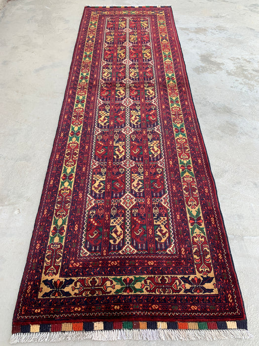9'5 x 2'11 handgeknoopt Peshawari Chobi wollen loper - Rood tribaal geometrisch tapijt voor in de gang - KBHM-640