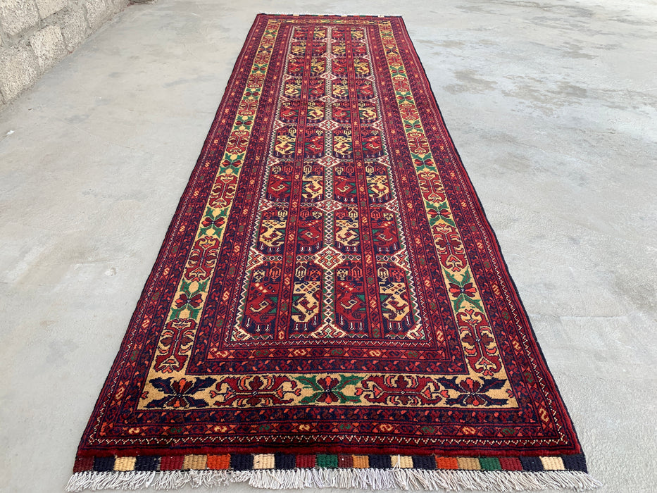 9'5 x 2'11 handgeknoopt Peshawari Chobi wollen loper - Rood tribaal geometrisch tapijt voor in de gang - KBHM-640