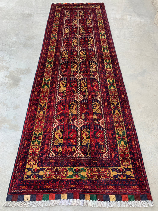 9'5 x 2'11 handgeknoopt Peshawari Chobi wollen loper - Rood tribaal geometrisch tapijt voor in de gang - KBHM-640