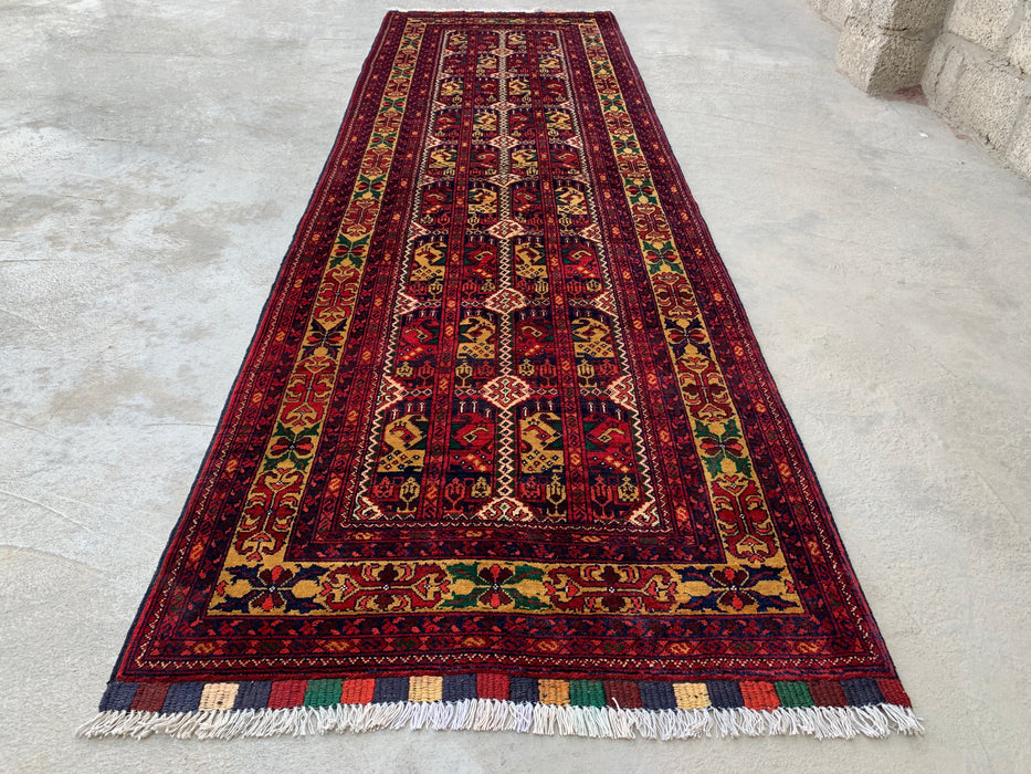 9'5 x 2'11 handgeknoopt Peshawari Chobi wollen loper - Rood tribaal geometrisch tapijt voor in de gang - KBHM-640
