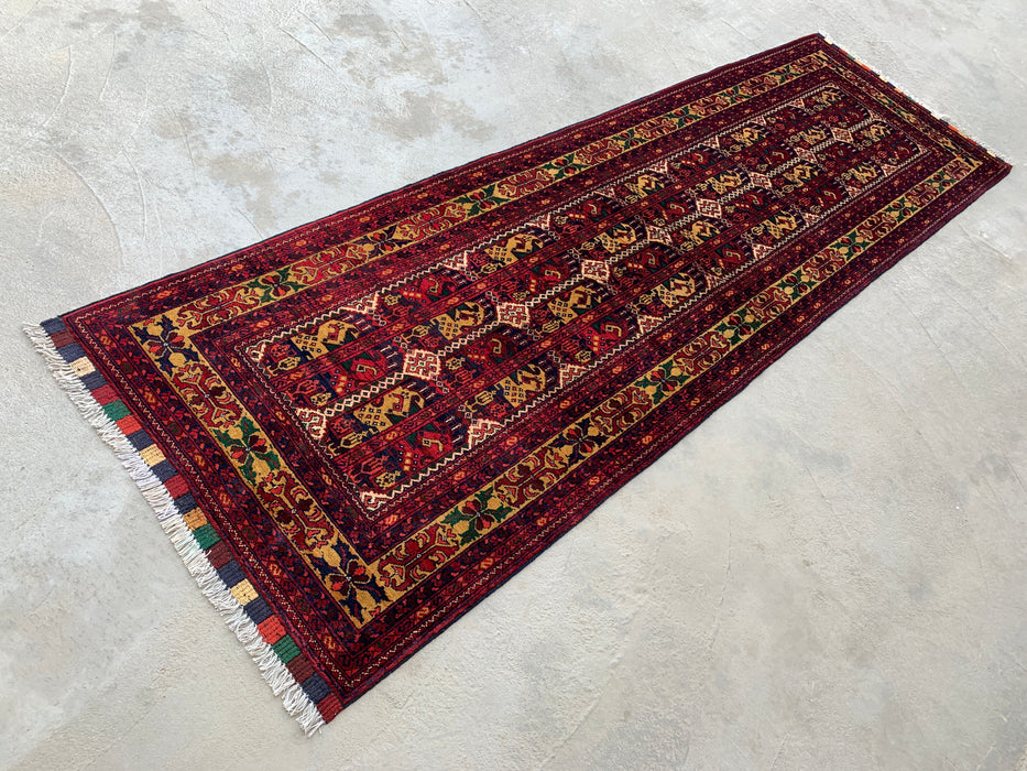 9'5 x 2'11 handgeknoopt Peshawari Chobi wollen loper - Rood tribaal geometrisch tapijt voor in de gang - KBHM-640
