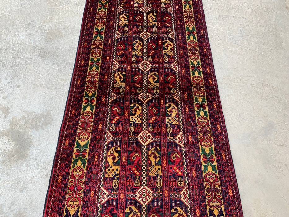 9'5 x 2'11 handgeknoopt Peshawari Chobi wollen loper - Rood tribaal geometrisch tapijt voor in de gang - KBHM-640