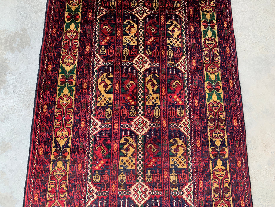 9'5 x 2'11 handgeknoopt Peshawari Chobi wollen loper - Rood tribaal geometrisch tapijt voor in de gang - KBHM-640