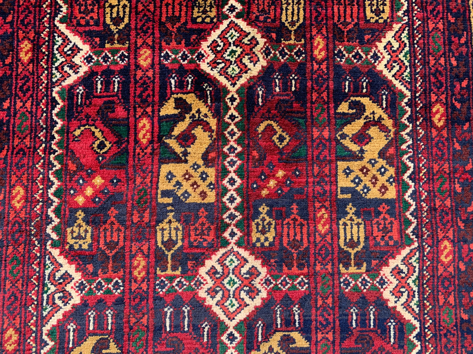 9'5 x 2'11 handgeknoopt Peshawari Chobi wollen loper - Rood tribaal geometrisch tapijt voor in de gang - KBHM-640