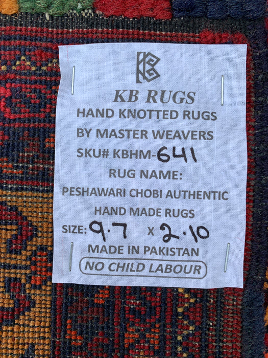 292 x 86 cm handgeknoopt Peshawari Chobi wollen loper - Rood tribaal geometrisch gangkleed - KBHM-641