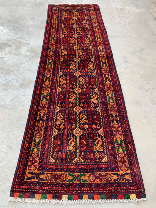 292 x 86 cm handgeknoopt Peshawari Chobi wollen loper - Rood tribaal geometrisch gangkleed - KBHM-641