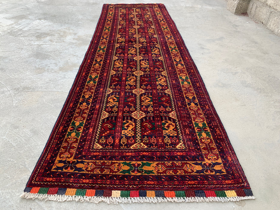 292 x 86 cm handgeknoopt Peshawari Chobi wollen loper - Rood tribaal geometrisch gangkleed - KBHM-641
