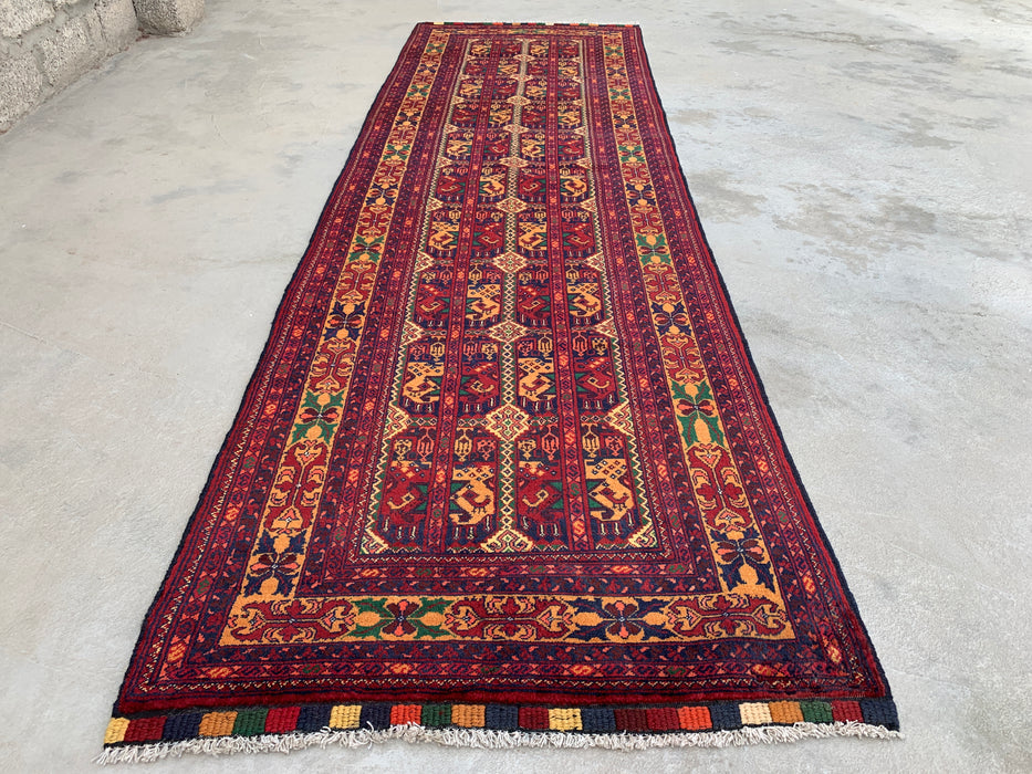 292 x 86 cm handgeknoopt Peshawari Chobi wollen loper - Rood tribaal geometrisch gangkleed - KBHM-641