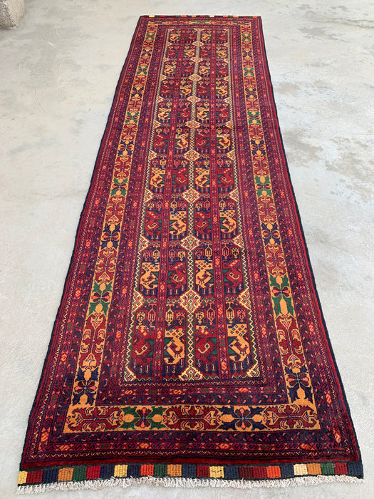 292 x 86 cm handgeknoopt Peshawari Chobi wollen loper - Rood tribaal geometrisch gangkleed - KBHM-641