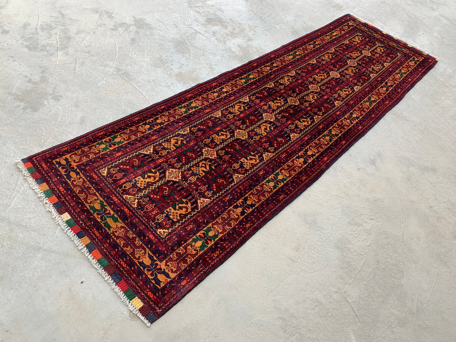 292 x 86 cm handgeknoopt Peshawari Chobi wollen loper - Rood tribaal geometrisch gangkleed - KBHM-641