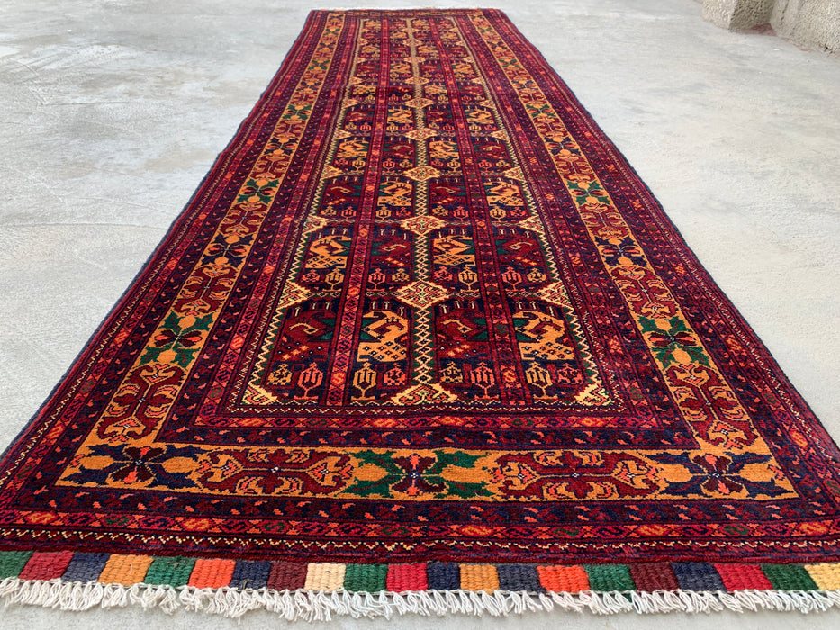 292 x 86 cm handgeknoopt Peshawari Chobi wollen loper - Rood tribaal geometrisch gangkleed - KBHM-641