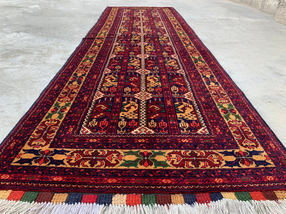 9'6 x 2'10 handgeknoopt Peshawari Chobi wollen loper - Rood tribaal geometrisch gangkleed - KBHM-642