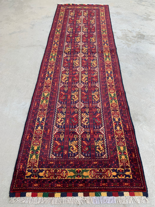 9'6 x 2'10 handgeknoopt Peshawari Chobi wollen loper - Rood tribaal geometrisch gangkleed - KBHM-642