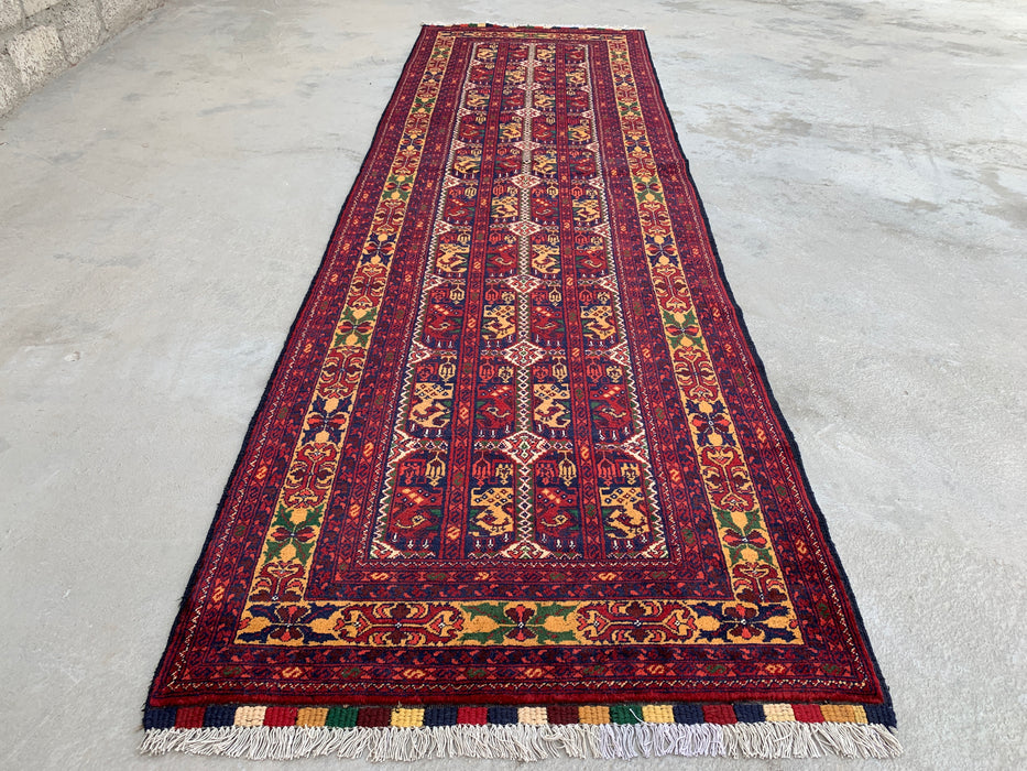 9'6 x 2'10 handgeknoopt Peshawari Chobi wollen loper - Rood tribaal geometrisch gangkleed - KBHM-642