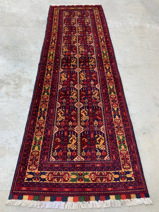 9'6 x 2'10 handgeknoopt Peshawari Chobi wollen loper - Rood tribaal geometrisch gangkleed - KBHM-642