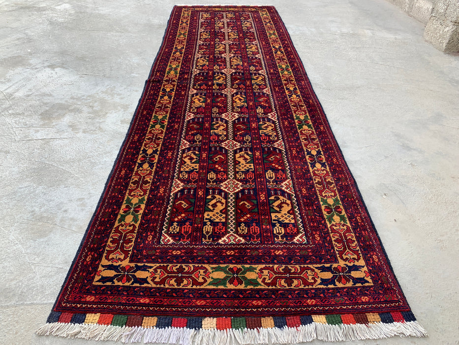 9'6 x 2'10 handgeknoopt Peshawari Chobi wollen loper - Rood tribaal geometrisch gangkleed - KBHM-642