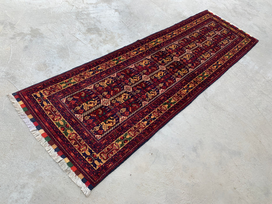 9'6 x 2'10 handgeknoopt Peshawari Chobi wollen loper - Rood tribaal geometrisch gangkleed - KBHM-642