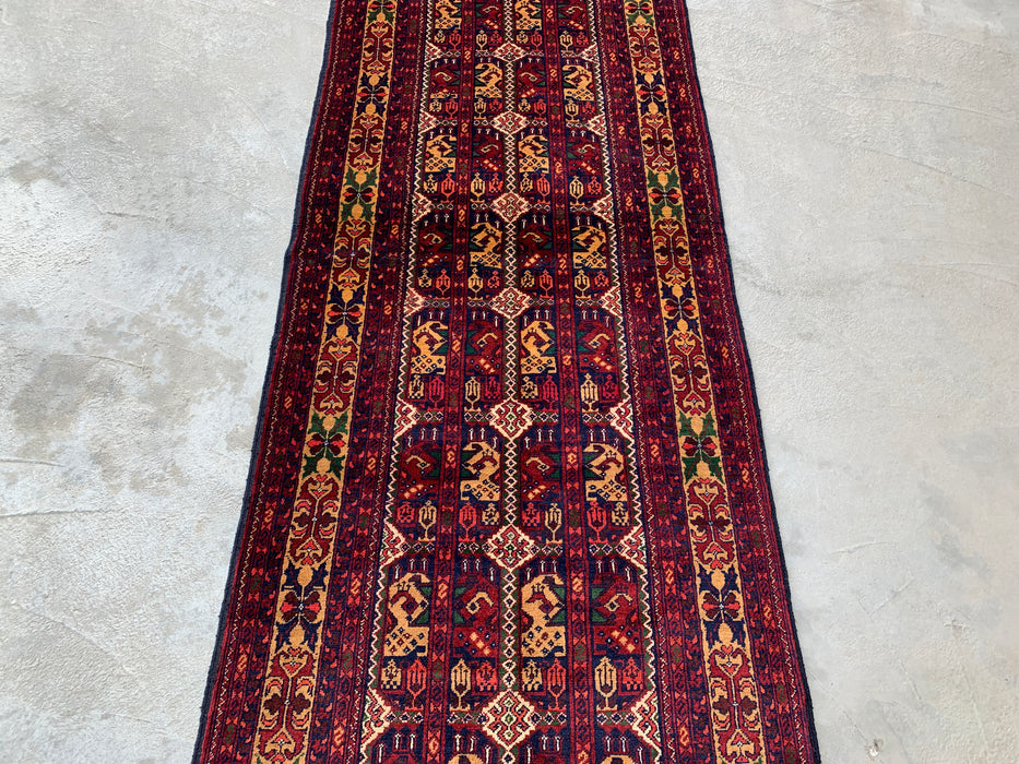 9'6 x 2'10 handgeknoopt Peshawari Chobi wollen loper - Rood tribaal geometrisch gangkleed - KBHM-642