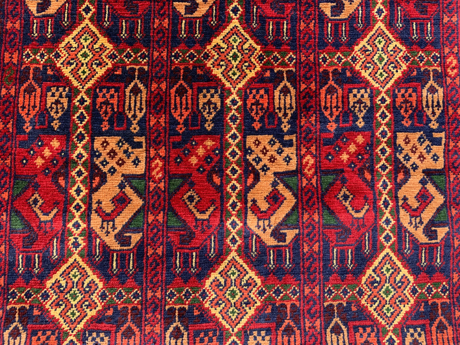 12'7 x 2'9 handgeknoopt Peshawari Chobi wollen loper tapijt - Rood tribaal geometrisch haltapijt - KBHM-643