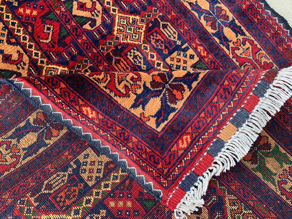 12'7 x 2'9 handgeknoopt Peshawari Chobi wollen loper tapijt - Rood tribaal geometrisch haltapijt - KBHM-643