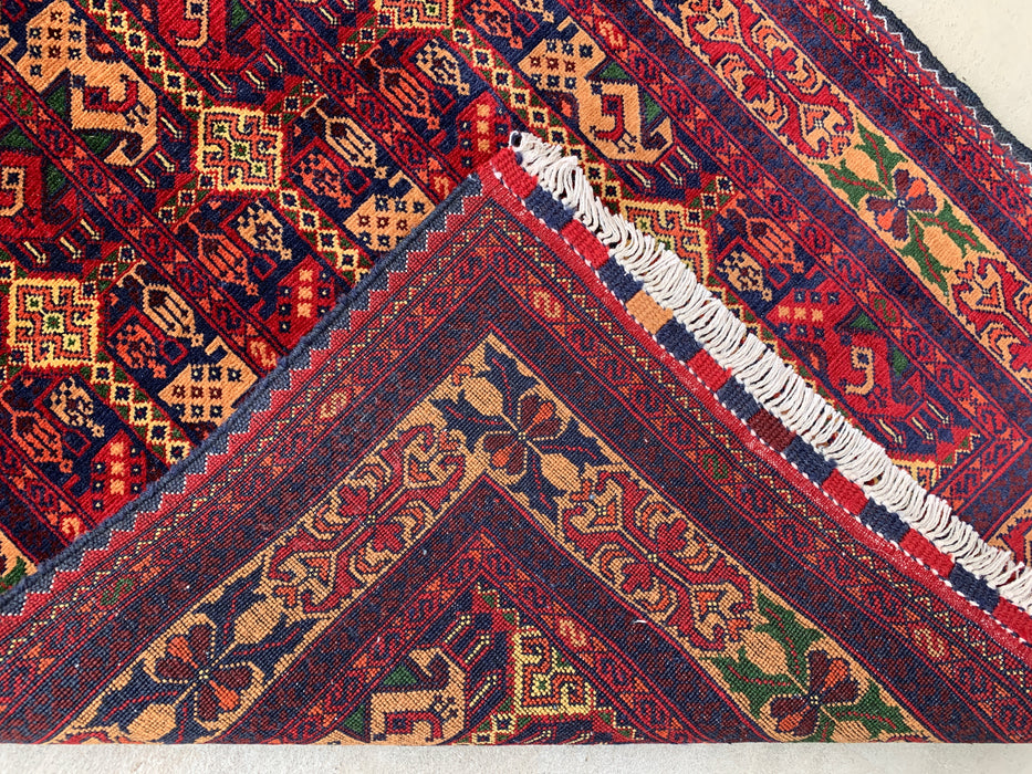 12'7 x 2'9 handgeknoopt Peshawari Chobi wollen loper tapijt - Rood tribaal geometrisch haltapijt - KBHM-643