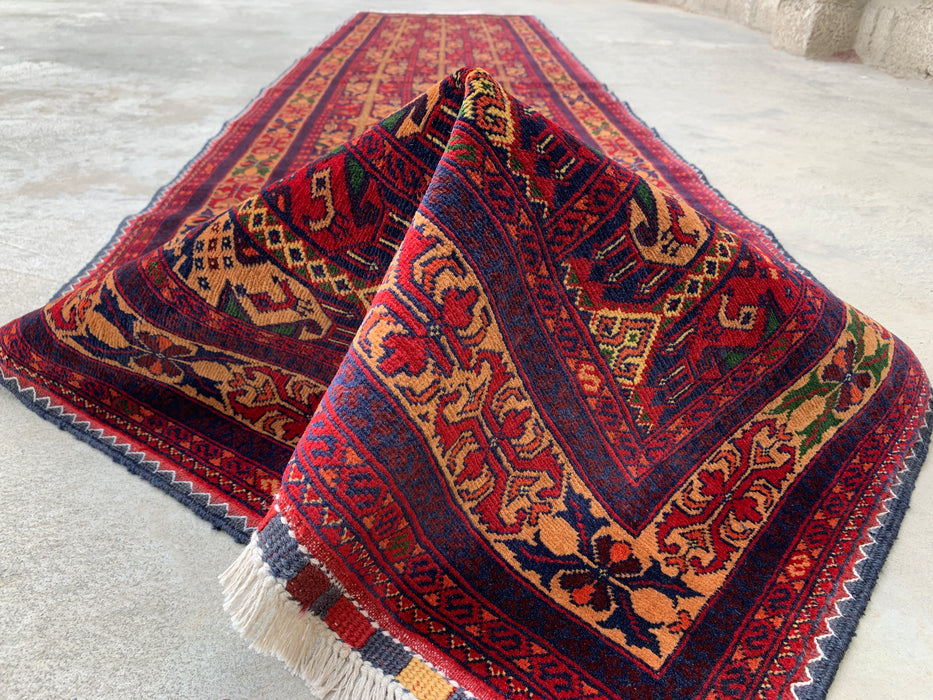 12'7 x 2'9 handgeknoopt Peshawari Chobi wollen loper tapijt - Rood tribaal geometrisch haltapijt - KBHM-643