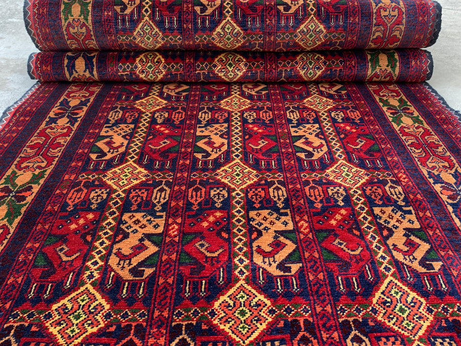12'7 x 2'9 handgeknoopt Peshawari Chobi wollen loper tapijt - Rood tribaal geometrisch haltapijt - KBHM-643