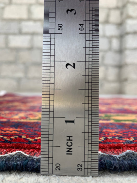 12'7 x 2'9 handgeknoopt Peshawari Chobi wollen loper tapijt - Rood tribaal geometrisch haltapijt - KBHM-643