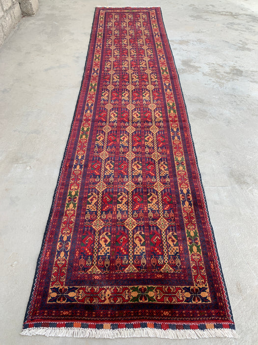 12'7 x 2'9 handgeknoopt Peshawari Chobi wollen loper tapijt - Rood tribaal geometrisch haltapijt - KBHM-643