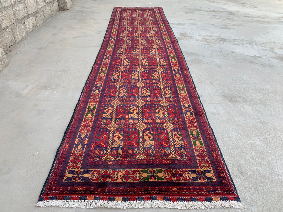 12'7 x 2'9 handgeknoopt Peshawari Chobi wollen loper tapijt - Rood tribaal geometrisch haltapijt - KBHM-643