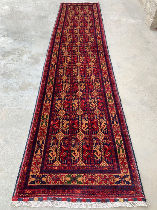 12'7 x 2'9 handgeknoopt Peshawari Chobi wollen loper tapijt - Rood tribaal geometrisch haltapijt - KBHM-643